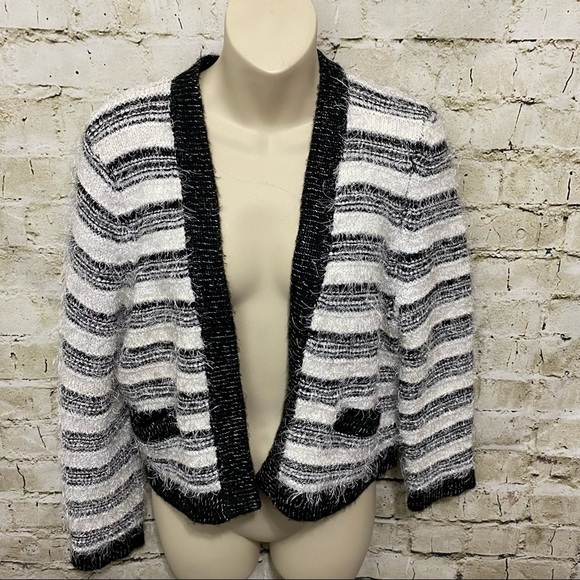 Calvin Klein Eyelash Cardigan Sweater Black Stripe Pockets Open Front - Picture 1 of 5